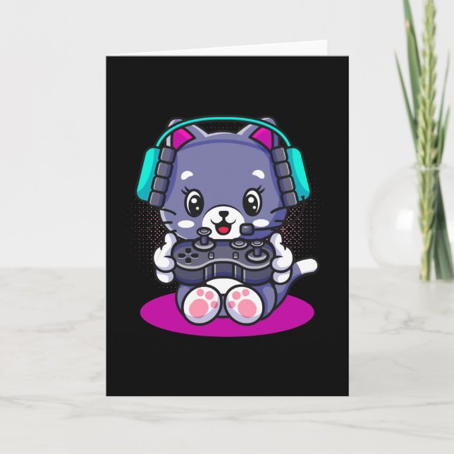 Cute Kawaii Gaming Cat Manga Kitten Gamer Kort (Framsida)