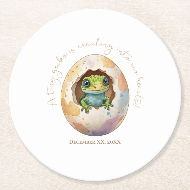 Cute Kawaii Gecko Lizard Egg Baby Shower Underlägg Papper Rund (Framsidan)