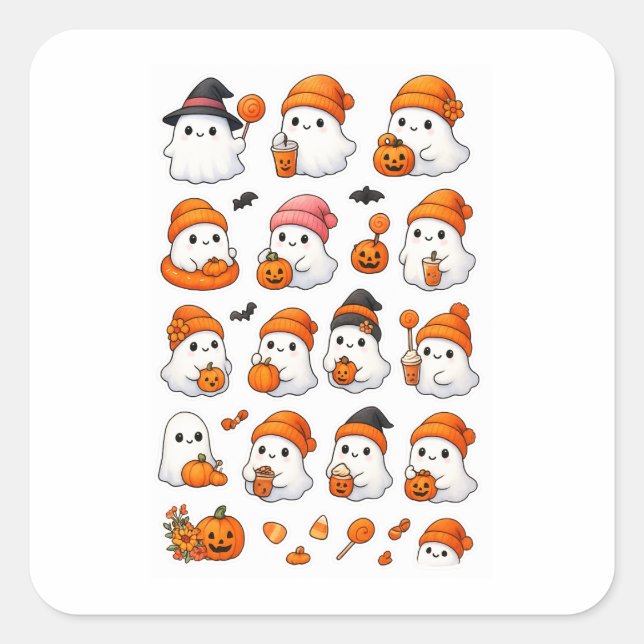Cute Kawaii Ghost Halloween Sticker Lakan | Fyrkantigt Klistermärke (Framsida)