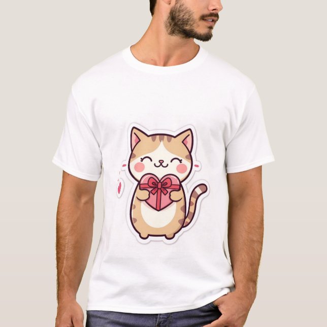 Cute Kawaii Ginger Cat Holding Heart Gift Box  ✨💖 T Shirt (Framsida)