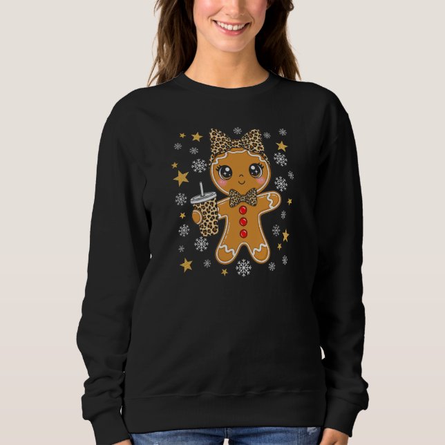 Cute Kawaii Gingerbread Girl Leopard Bow Christmas T Shirt (Framsida)