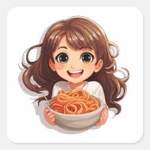 Cute Kawaii Girl Eating Spaghetti Fyrkantigt Klistermärke