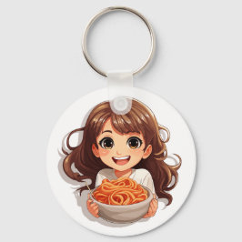 Cute Kawaii Girl Eating Spaghetti Nyckelring