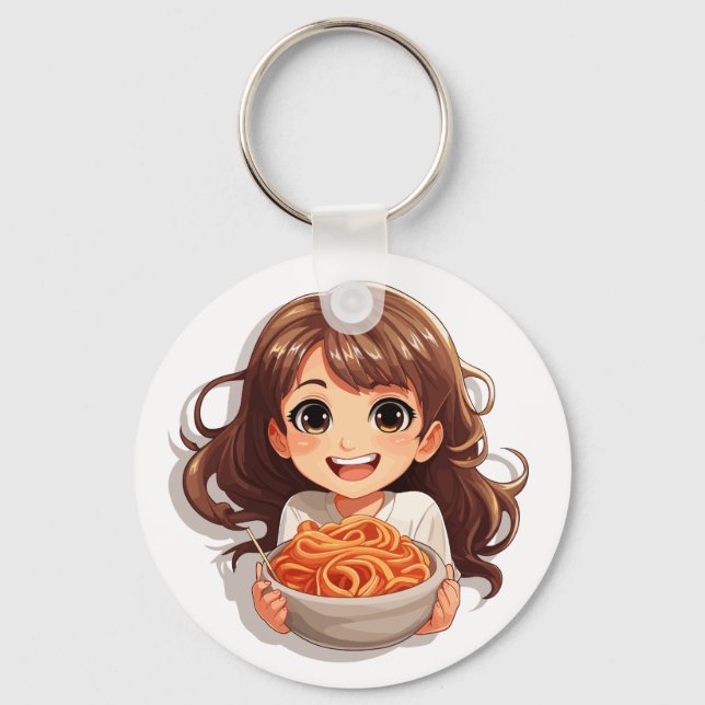 Cute Kawaii Girl Eating Spaghetti Nyckelring (Framsida)