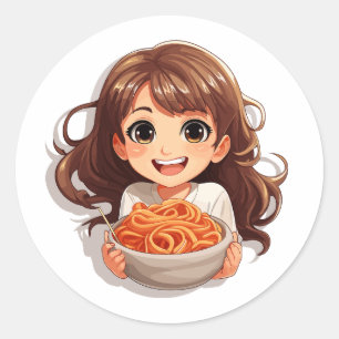 Cute Kawaii Girl Eating Spaghetti Runt Klistermärke