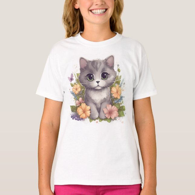 Cute Kawaii Grått Kitten med Flowers T Shirt (Framsida)