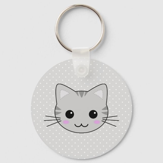 Cute Kawaii Grått Tabby katt Tecknad Nyckelring (Framsida)