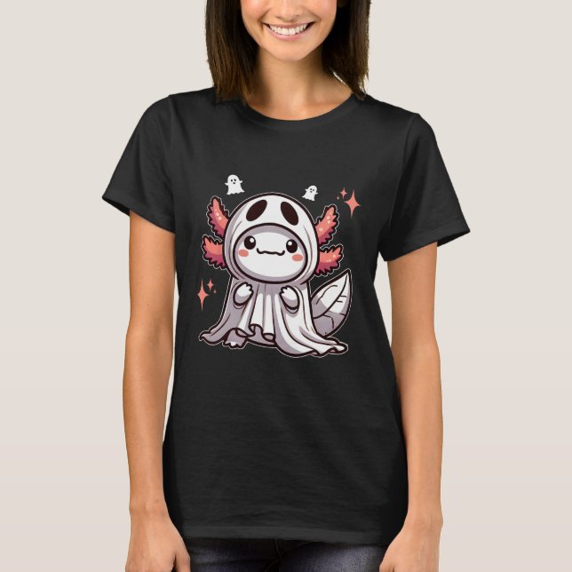 Cute Kawaii Halloween Ghost Axolotl T Shirt (Framsida)
