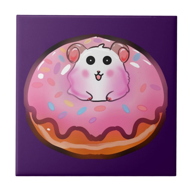 Cute Kawaii Hamster in Pink Frosted Donut Art Kakelplatta (Framsidan)