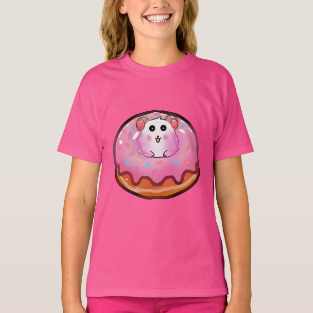 Cute Kawaii Hamster in Pink Frosted Donut Art T Shirt (Framsida)
