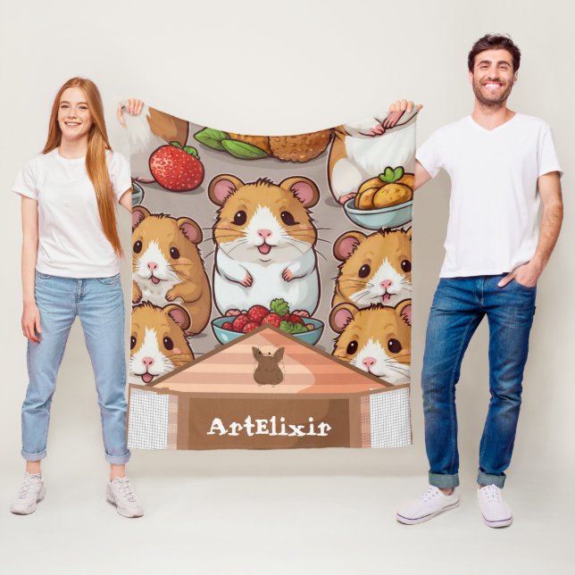 Cute Kawaii hamster som äter jordgubbar Fleecefilt (På plats)