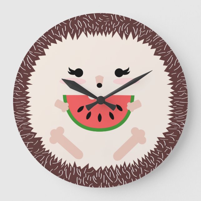 Cute Kawaii Hedgehog Eating Watermelon Stor Klocka (Framsida)