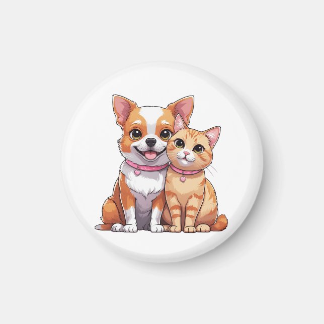Cute Kawaii Hund and Cat Tecknad Magnet (Framsidan)