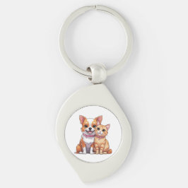 Cute Kawaii Hund and Cat Tecknad Swirl Silverfärgad Nyckelring
