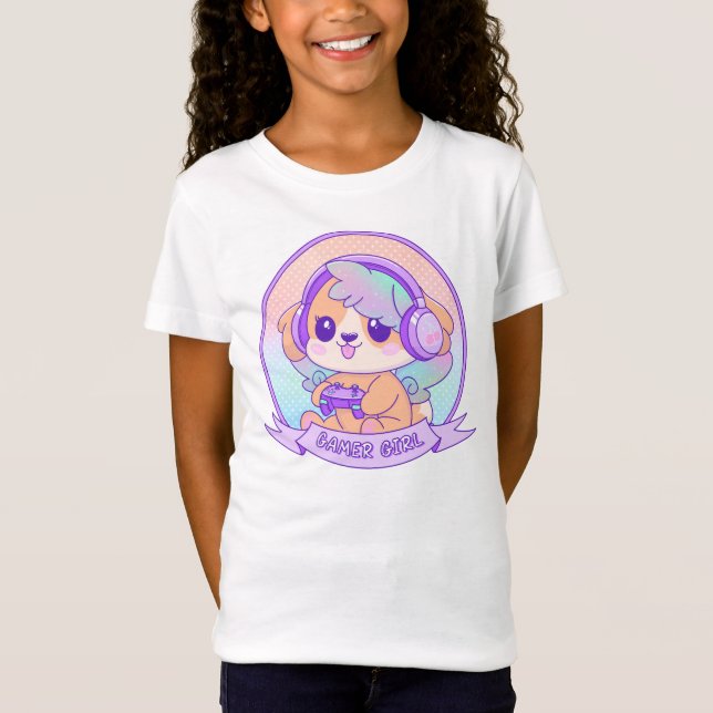 Cute Kawaii Hund med Vingar Gamer Girl Gift Lila T Shirt (Framsida)