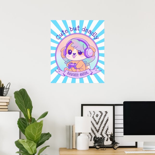 Cute Kawaii Hund med Vingar Gamer Girl Starbust Bl Poster (Hemmakontoret)