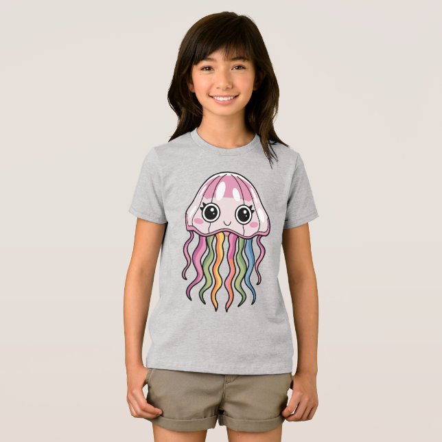 Cute Kawaii Jellyfish with Rainbow Tentacles T Shirt (Framsida Full)