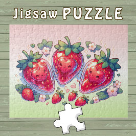 Cute Kawaii Jordgubbar med leende hjärter - Pussel