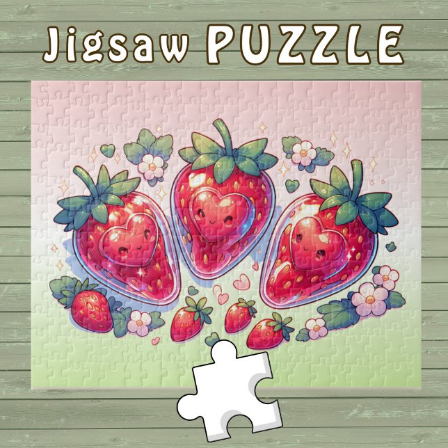Cute Kawaii Jordgubbar med leende hjärter - Pussel (Skapare uppladdad)