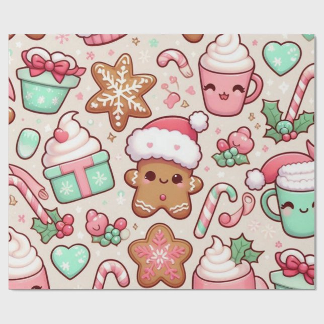 Cute Kawaii-julafton Papper | Gingerbröd Presentpapper (Platt)
