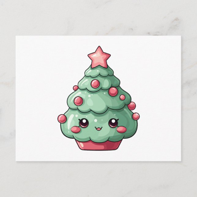 Cute Kawaii Julgran med leende Ansikte Helg Vykort (Framsida)