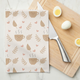 Cute Kawaii-kaffe och Löv Hösten Mönster Kökshandduk