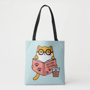 Cute Kawaii-katt som läser bok Tygkasse