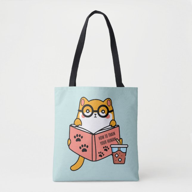 Cute Kawaii-katt som läser bok Tygkasse (Framsida)
