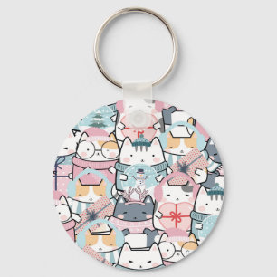 Cute Kawaii Kattunge i Winter och Snowglobe Nyckelring