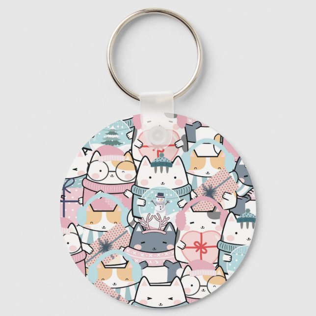 Cute Kawaii Kattunge i Winter och Snowglobe Nyckelring (Framsida)