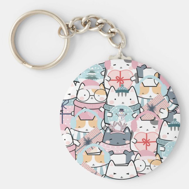 Cute Kawaii Kattunge i Winter och Snowglobe Nyckelring (Framsidan)