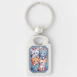 Cute Kawaii Kattunge, lekfull Rektangulärt Silverfärgad Nyckelring