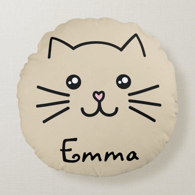 Cute Kawaii Kitten Ansikte med Rosa hjärtnos Rund Kudde (Framsidan)