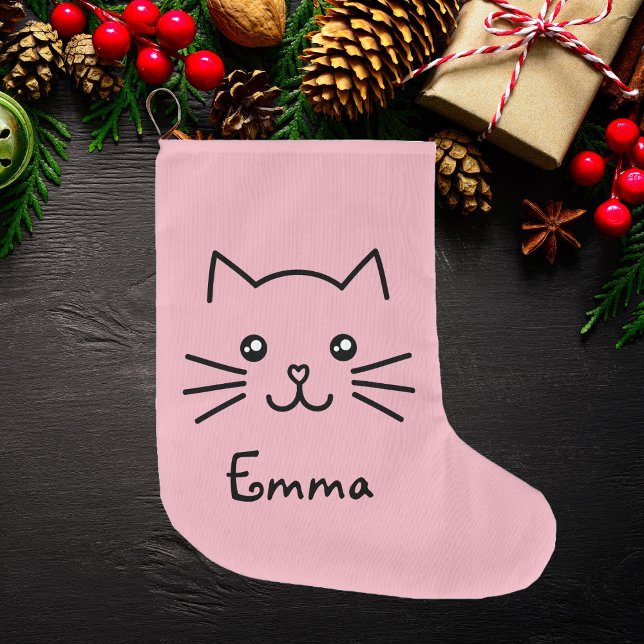 Cute Kawaii Kitten Ansikte med Rosa hjärtnos Stor Julstrumpa (Skapare uppladdad)