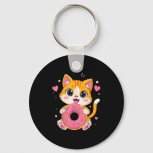 Cute Kawaii Kitten Holding Donut Funny Graphic Nyckelring