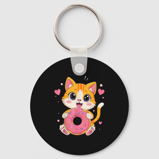 Cute Kawaii Kitten Holding Donut Funny Graphic Nyckelring (Framsida)
