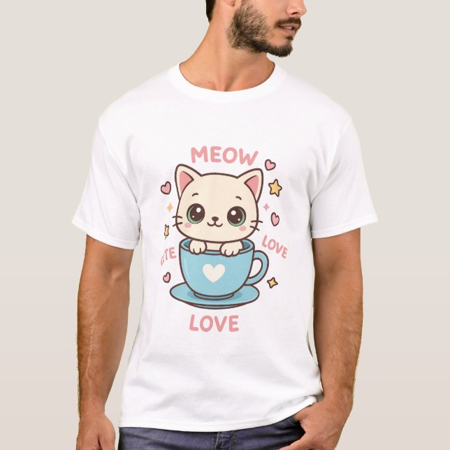 Cute Kawaii Kitten in Blue Teacup - Meow Love  T Shirt (Framsida)