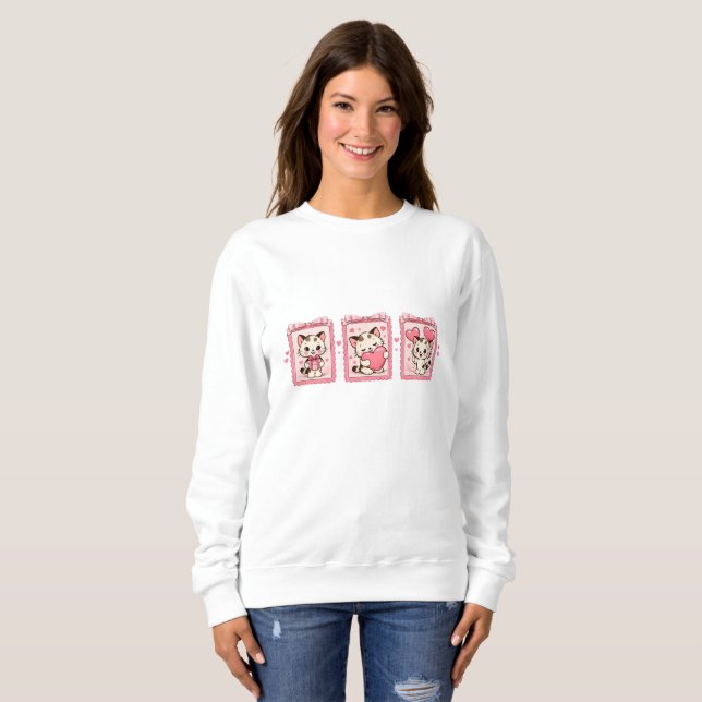 Cute Kawaii Kitten Love Sweatshirt T Shirt (Hel framsida)