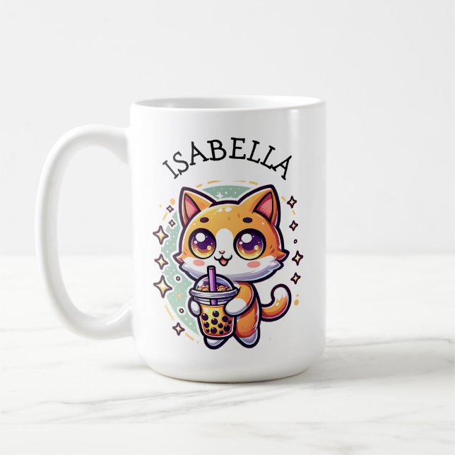Cute Kawaii Kitten med Personligen Bubble Tea Kaffemugg (Vänster)