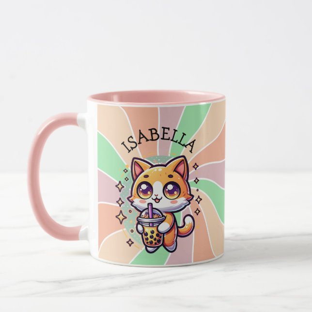 Cute Kawaii Kitten med Personligen Bubble Tea Mugg (Vänster)