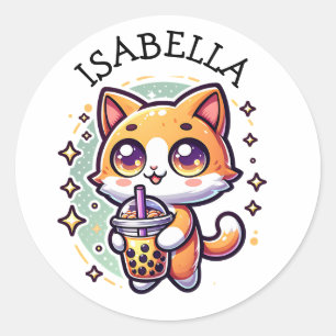Cute Kawaii Kitten med Personligen Bubble Tea Runt Klistermärke