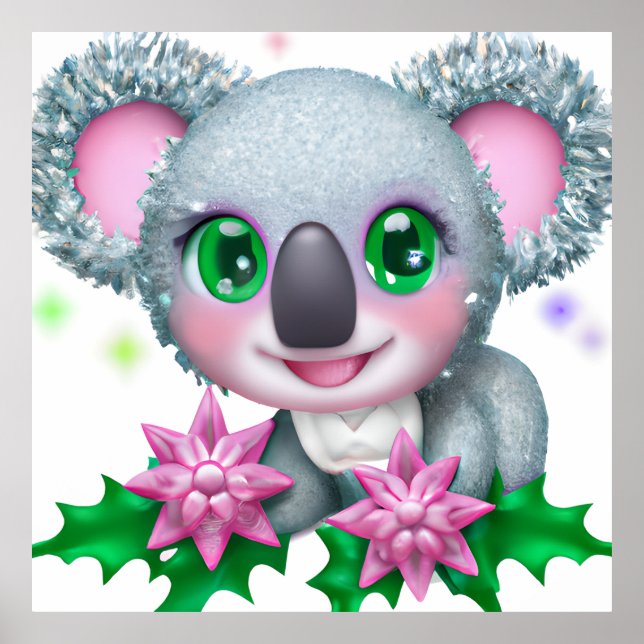 Cute Kawaii Koala Bear med Flowers Poster (Framsidan)