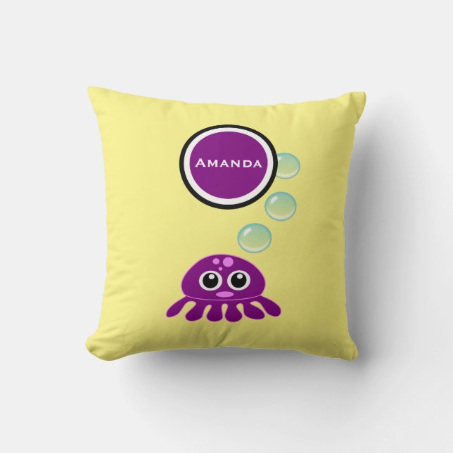 Cute Kawaii Lila Jellyfish with Blue Bubbles Kudde (Framsida)