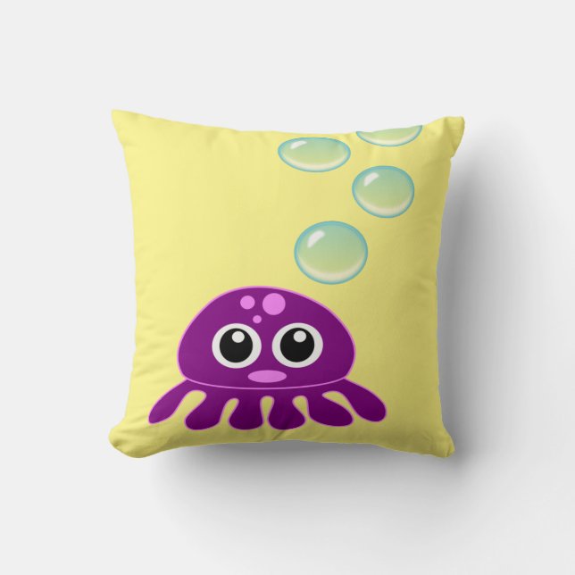 Cute Kawaii Lila Jellyfish with Blue Bubbles Kudde (Framsida)
