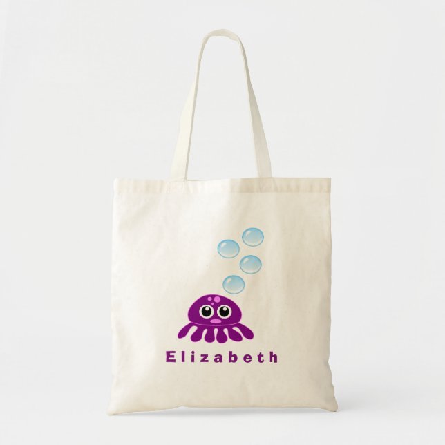 Cute Kawaii Lila Jellyfish with Blue Bubbles Tygkasse (Framsidan)