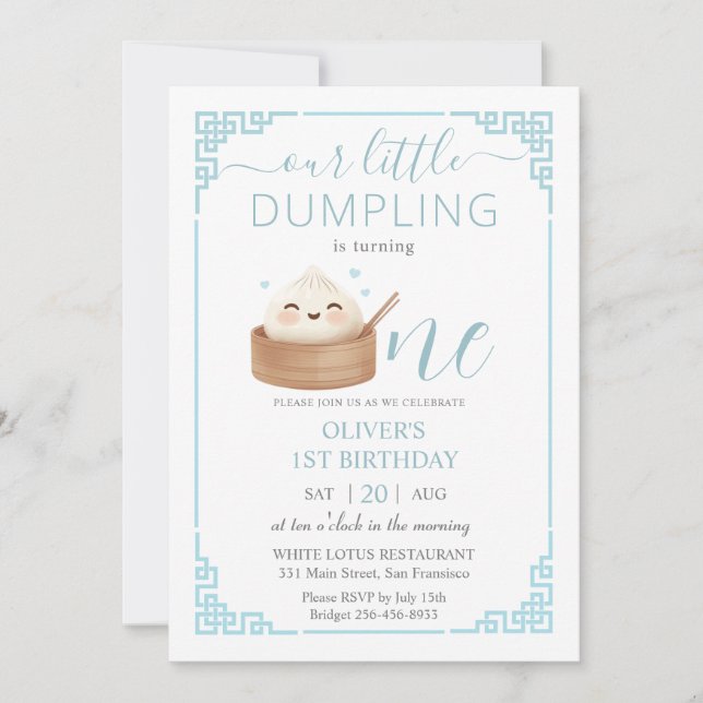 Cute Kawaii Little Dumpling Bun Blue 1 Birthday Inbjudningar (Framsida)