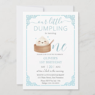 Cute Kawaii Little Dumpling Bun Blue 1 Birthday Inbjudningar