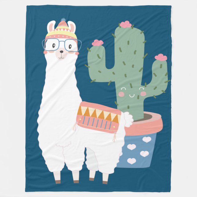 Cute Kawaii Llama och Cactus Illustration Fleecefilt (Framsidan)