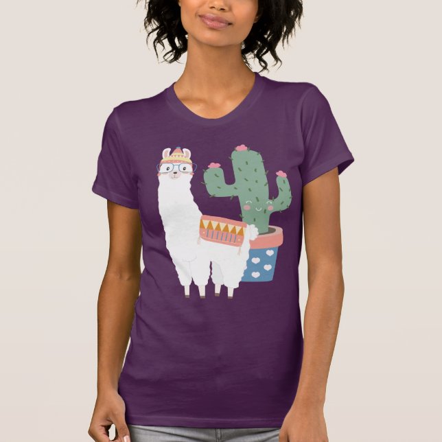 Cute Kawaii Llama och Cactus Illustration T Shirt (Framsida)