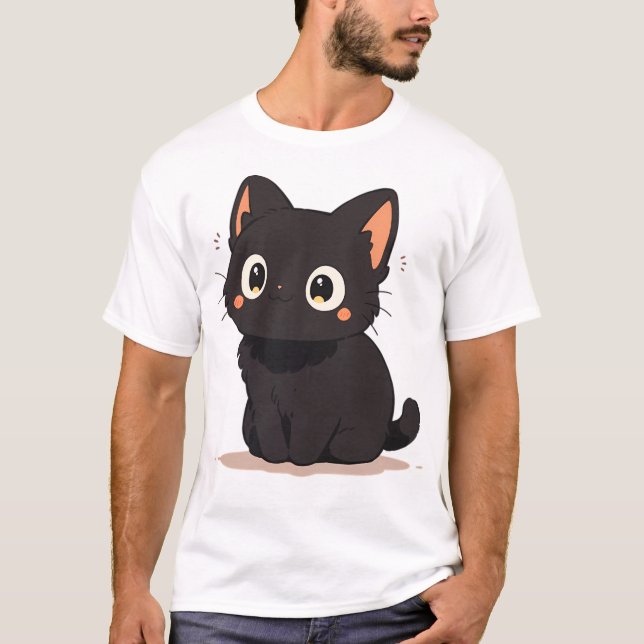 Cute Kawaii Lycklig Black Anime Cat Smiling T Shirt (Framsida)